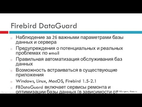 Firebird DataGuard Наблюдение за 26 важными параметрами базы данных и сервера Предупреждения