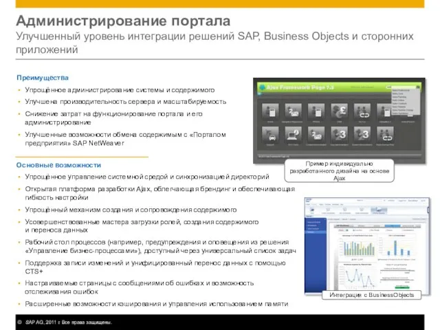 Администрирование портала Улучшенный уровень интеграции решений SAP, Business Objects и сторонних приложений