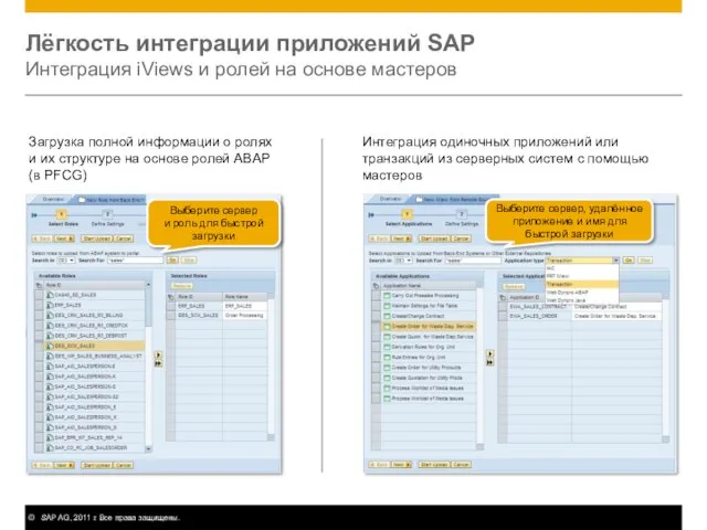 Лёгкость интеграции приложений SAP Интеграция iViews и ролей на основе мастеров Выберите