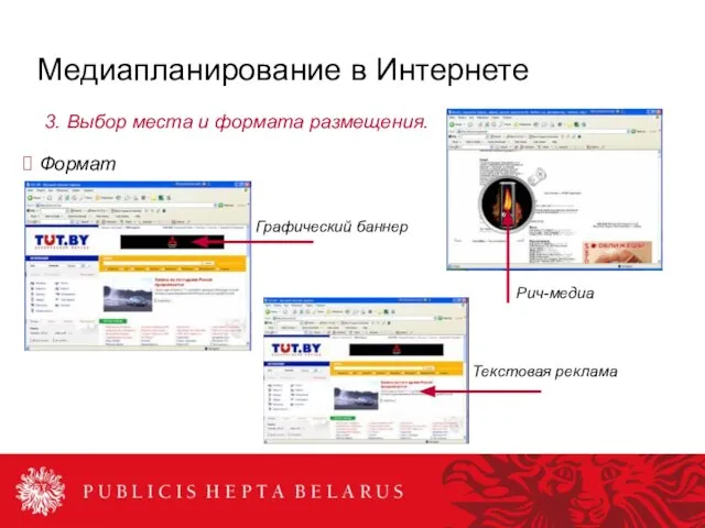 Медиапланирование в Интернете 3. Выбор места и формата размещения. Формат Рич-медиа Графический баннер Текстовая реклама