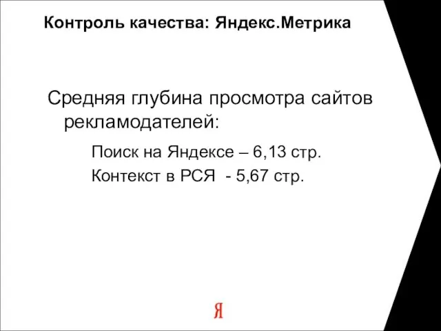 Контроль качества: Яндекс.Метрика Средняя глубина просмотра сайтов рекламодателей: Поиск на Яндексе –