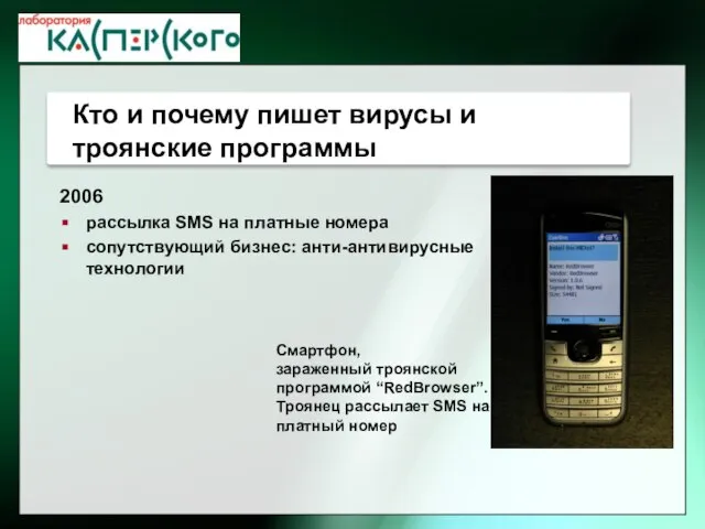 2006 рассылка SMS на платные номера сопутствующий бизнес: анти-антивирусные технологии Смартфон, зараженный