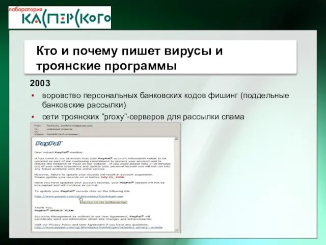 2003 воровство персональных банковских кодов фишинг (поддельные банковские рассылки) сети троянских “proxy”-серверов для рассылки спама