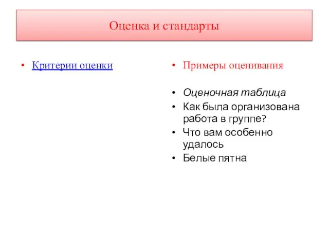 Оценка и стандарты Критерии оценки Примеры оценивания Оценочная таблица Как была организована