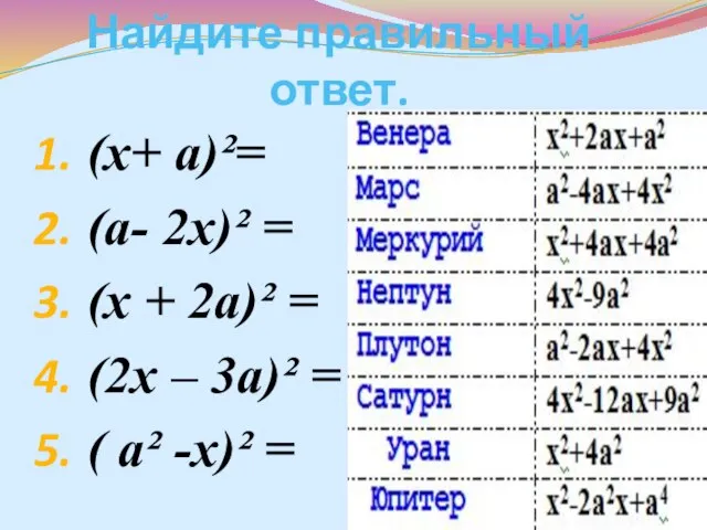 Найдите правильный ответ. (х+ а)²= (а- 2х)² = (х + 2а)² =