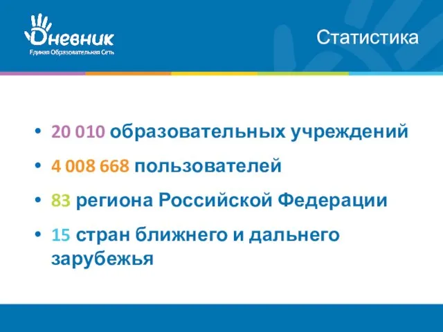 Статистика 20 010 образовательных учреждений 4 008 668 пользователей 83 региона Российской