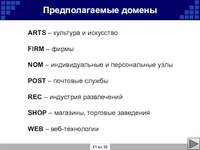 Предполагаемые домены ARTS – культура и искусство FIRM – фирмы NOM –