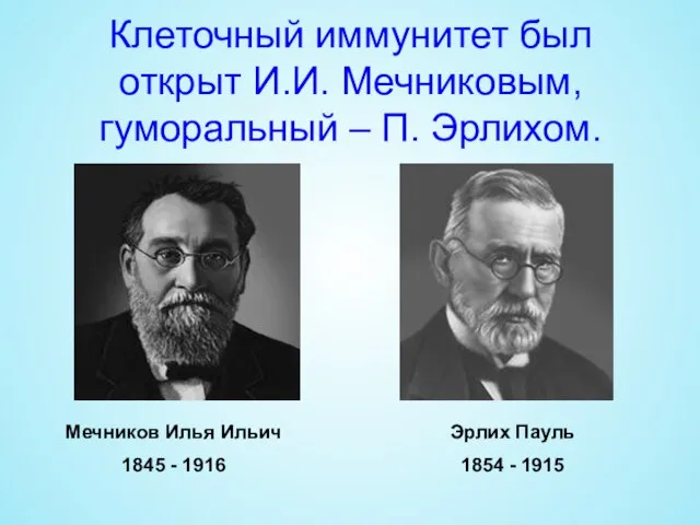 Клеточный иммунитет был открыт И.И. Мечниковым, гуморальный – П. Эрлихом. Мечников Илья