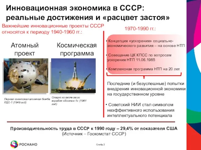 Инновационная экономика в СССР: реальные достижения и «расцвет застоя» Космическая программа Первая