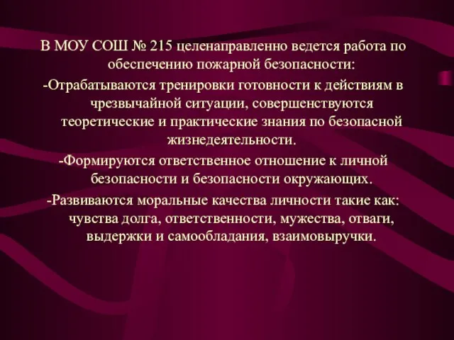 В МОУ СОШ № 215 целенаправленно ведется работа по обеспечению пожарной безопасности: