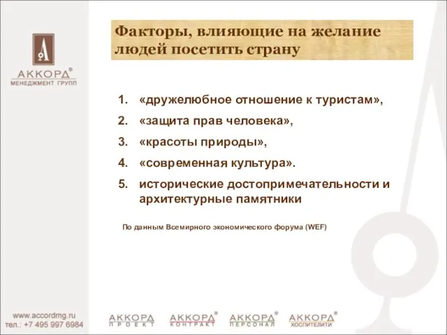 Факторы, влияющие на желание людей посетить страну «дружелюбное отношение к туристам», «защита