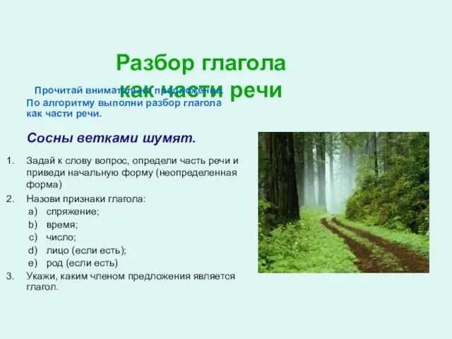 Разбор глагола как части речи Прочитай внимательно предложение. По алгоритму выполни разбор