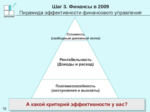 Шаг 3. Финансы в 2009 Пирамида эффективности финансового управления А какой критерий эффективности у вас?