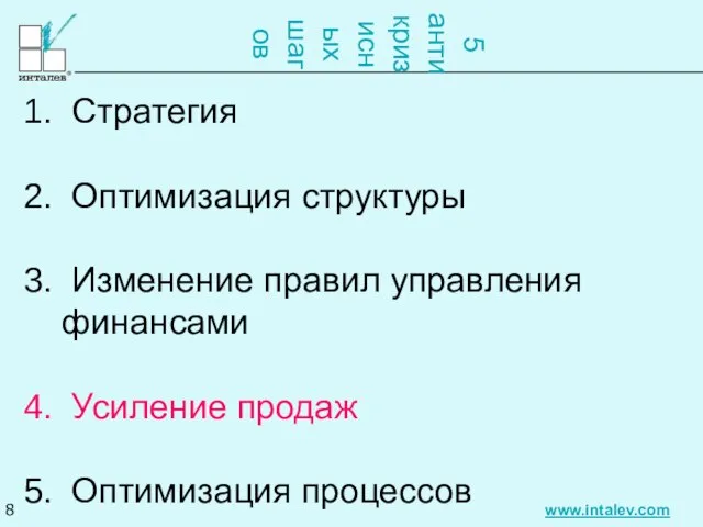 5 антикризисных шагов Стратегия Оптимизация структуры Изменение правил управления финансами Усиление продаж Оптимизация процессов