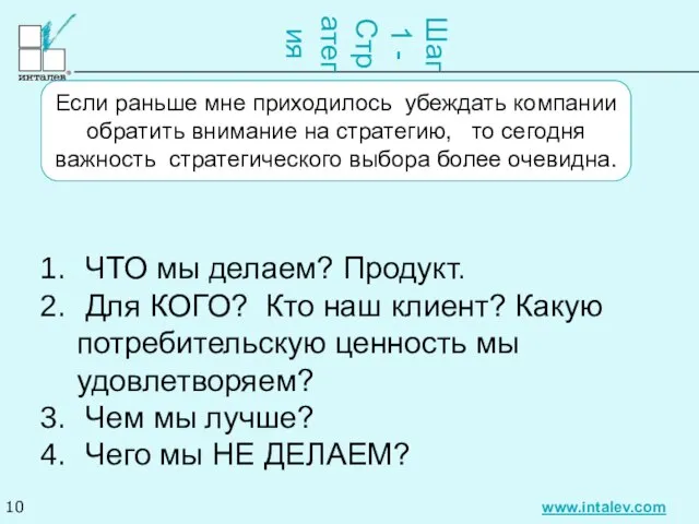 Шаг 1 - Стратегия ЧТО мы делаем? Продукт. Для КОГО? Кто наш