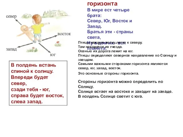 Стороны горизонта В мире ест четыре брата: Север, Юг, Восток и Запад.