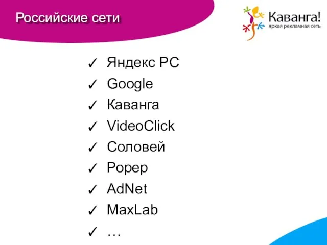 Российские сети Яндекс РС Google Каванга VideoClick Соловей Рорер AdNet MaxLab …