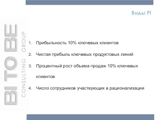 Виды PI Прибыльность 10% ключевых клиентов Чистая прибыль ключевых продуктовых линий Процентный