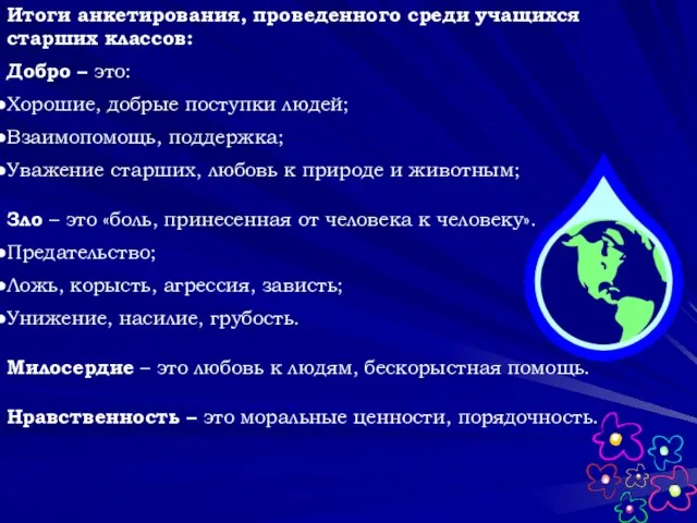 Итоги анкетирования, проведенного среди учащихся старших классов: Добро – это: Хорошие, добрые