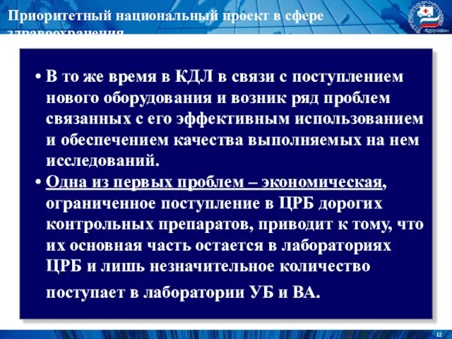 Приоритетный национальный проект в сфере здравоохранения В то же время в КДЛ