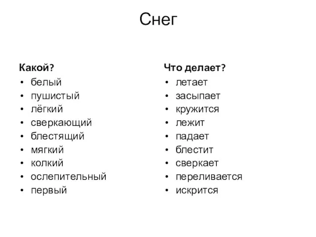 Снег Какой? белый пушистый лёгкий сверкающий блестящий мягкий колкий ослепительный первый Что