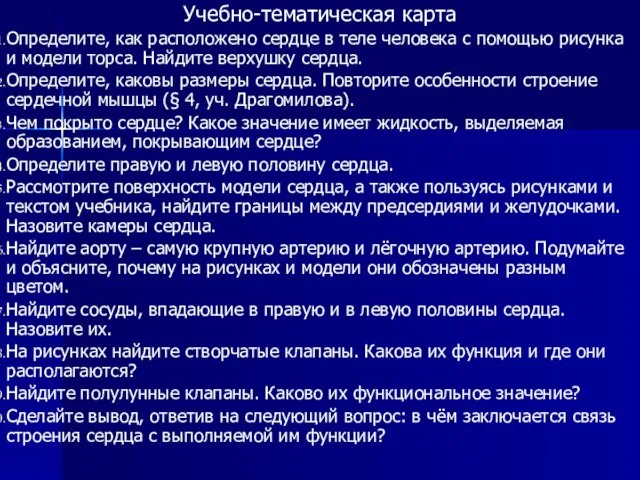 Учебно-тематическая карта Определите, как расположено сердце в теле человека с помощью рисунка