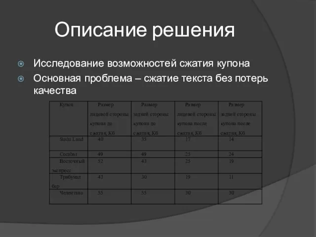 Описание решения Исследование возможностей сжатия купона Основная проблема – сжатие текста без потерь качества