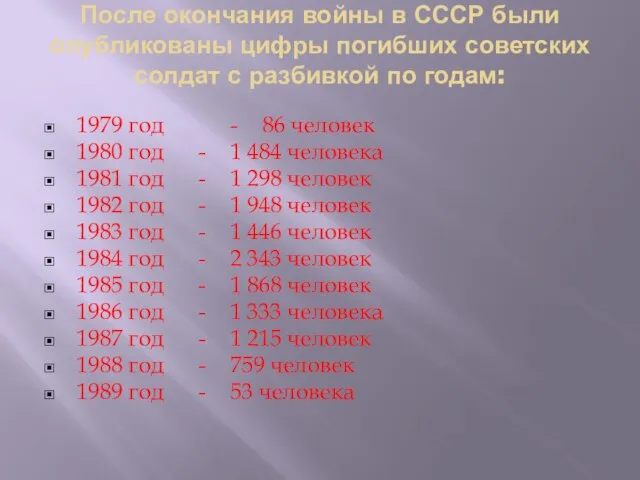 После окончания войны в СССР были опубликованы цифры погибших советских солдат с