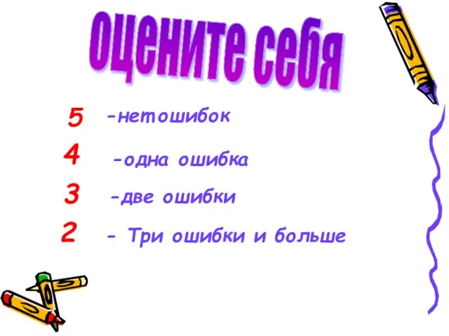 5 -нет ошибок 4 -одна ошибка 3 -две ошибки оцените себя 2