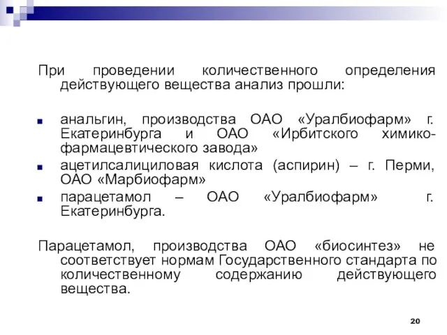 При проведении количественного определения действующего вещества анализ прошли: анальгин, производства ОАО «Уралбиофарм»