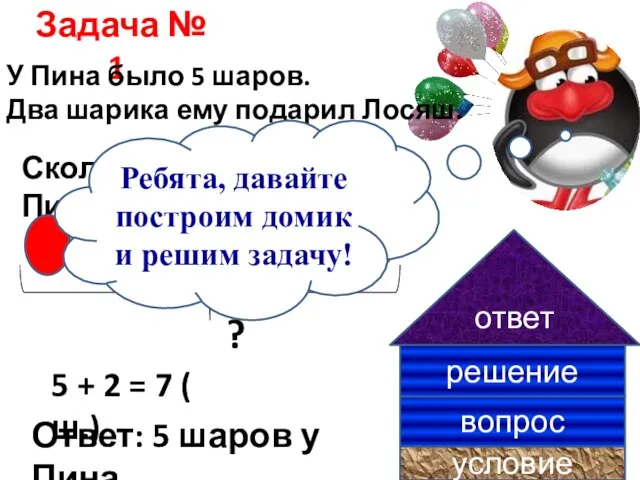 Задача № 1. У Пина было 5 шаров. Два шарика ему подарил