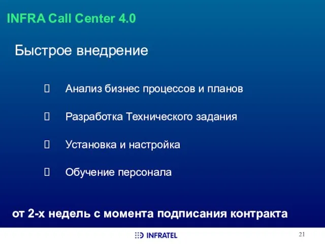 INFRA Call Center 4.0 Быстрое внедрение Анализ бизнес процессов и планов Разработка