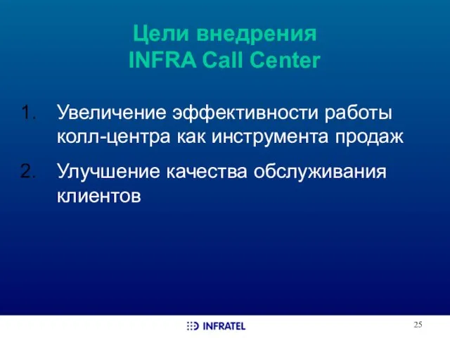 Цели внедрения INFRA Call Center Увеличение эффективности работы колл-центра как инструмента продаж Улучшение качества обслуживания клиентов