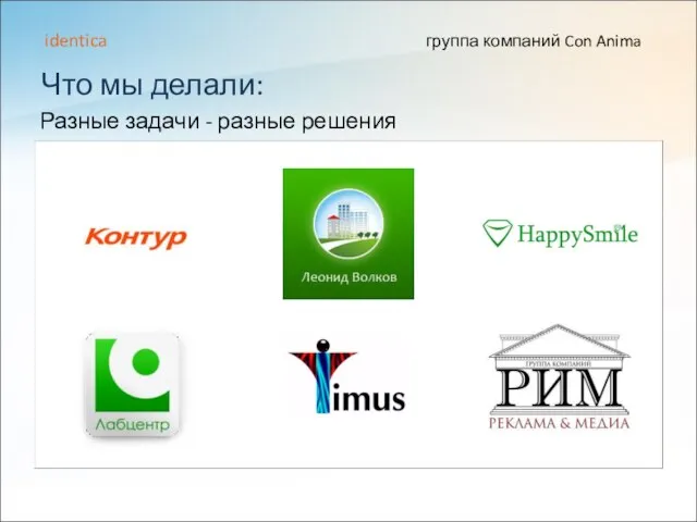 Что мы делали: группа компаний Con Anima identica Разные задачи - разные решения