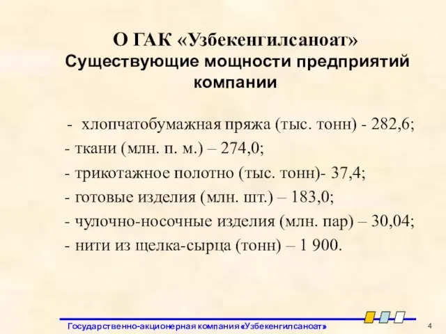 О ГАК «Узбекенгилсаноат» Существующие мощности предприятий компании - хлопчатобумажная пряжа (тыс. тонн)