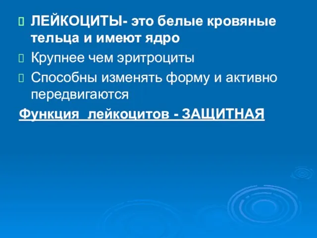 ЛЕЙКОЦИТЫ- это белые кровяные тельца и имеют ядро Крупнее чем эритроциты Способны