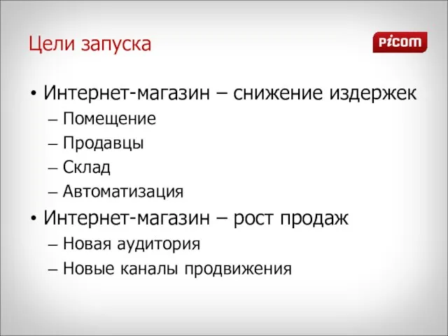 Цели запуска Интернет-магазин – снижение издержек Помещение Продавцы Склад Автоматизация Интернет-магазин –