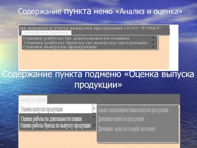 Содержание пункта меню «Анализ и оценка» Содержание пункта подменю «Оценка выпуска продукции»