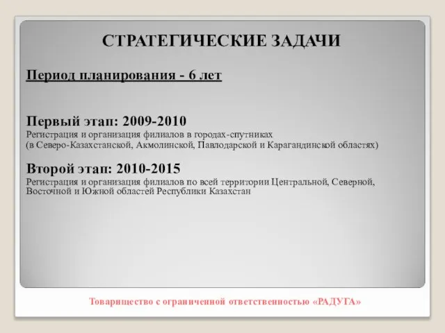 СТРАТЕГИЧЕСКИЕ ЗАДАЧИ Период планирования - 6 лет Первый этап: 2009-2010 Регистрация и