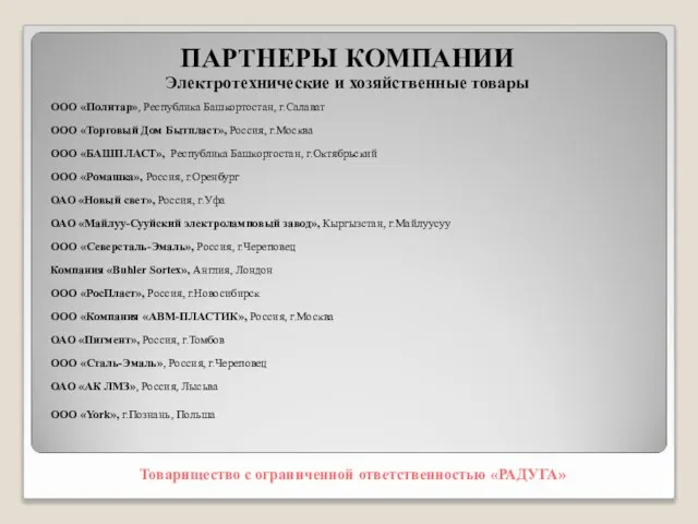 ПАРТНЕРЫ КОМПАНИИ ООО «Политар», Республика Башкортостан, г.Салават ООО «Торговый Дом Бытпласт», Россия,