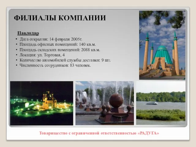 Товарищество с ограниченной ответственностью «РАДУГА» Павлодар Дата открытия: 14 февраля 2005г. Площадь