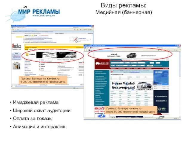 Виды рекламы: Медийная (баннерная) Пример: Баннера на Yandex.ru 6 000 000 посетителей