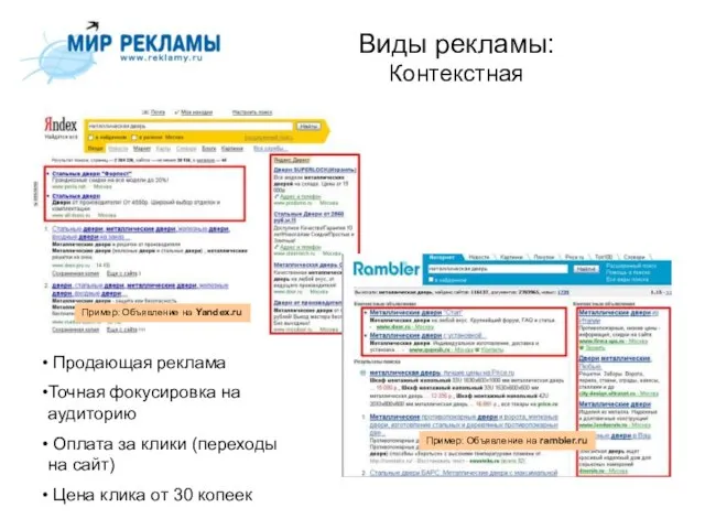 Виды рекламы: Контекстная Пример: Объявление на Yandex.ru Пример: Объявление на rambler.ru Продающая