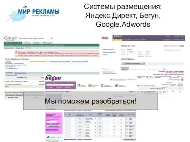 Системы размещения: Яндекс.Директ, Бегун, Google.Adwords Мы поможем разобраться!