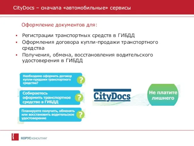 CityDocs – сначала «автомобильные» сервисы Оформление документов для: Регистрации транспортных средств в