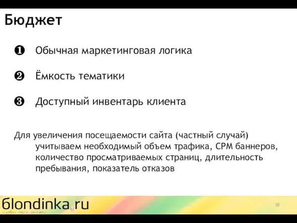 ❶ Обычная маркетинговая логика ❷ Ёмкость тематики ❸ Доступный инвентарь клиента Для