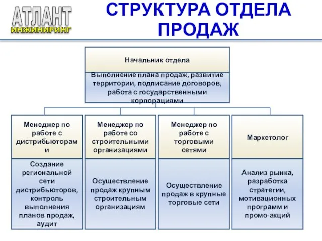 СТРУКТУРА ОТДЕЛА ПРОДАЖ Создание региональной сети дистрибьюторов, контроль выполнения планов продаж, аудит