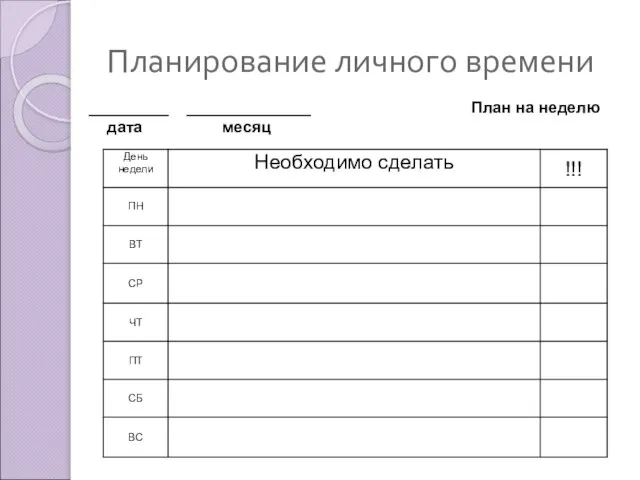 Планирование личного времени _________ ______________ План на неделю дата месяц