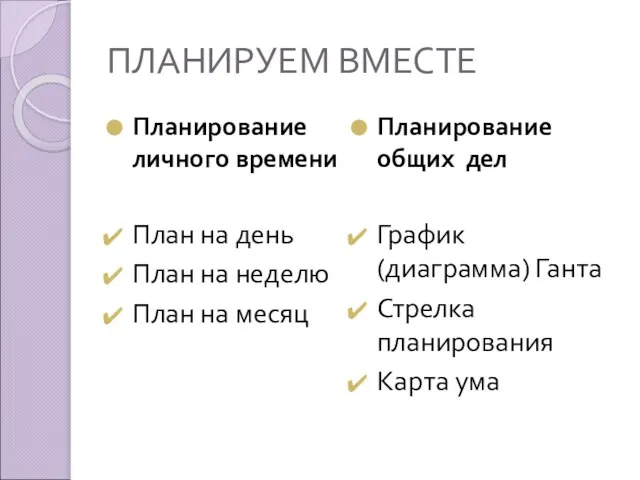 ПЛАНИРУЕМ ВМЕСТЕ Планирование личного времени План на день План на неделю План