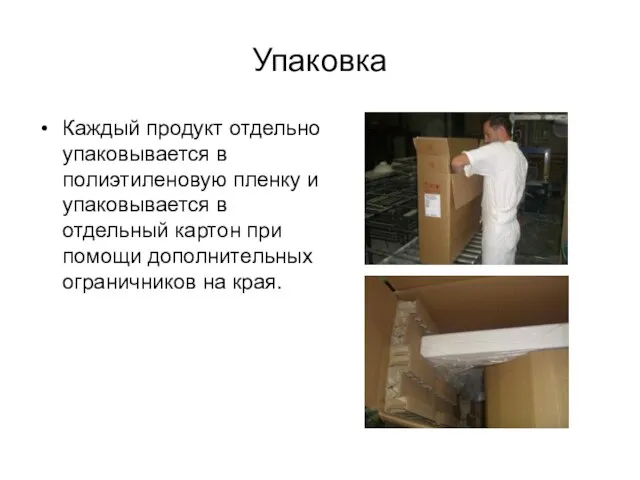 Упаковка Каждый продукт отдельно упаковывается в полиэтиленовую пленку и упаковывается в отдельный